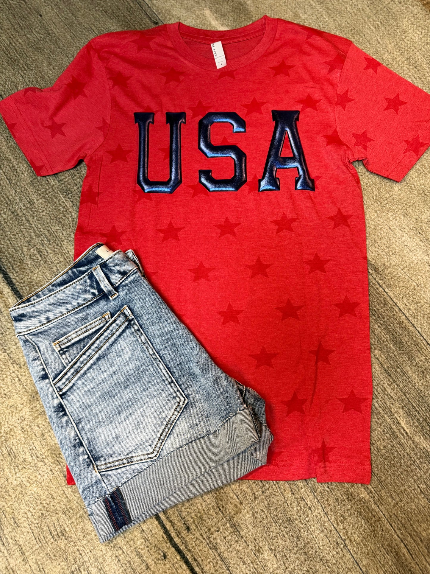 Patriotic USA Puff Star Print Tee | Red USA Graphic Shirt for Fourth of July