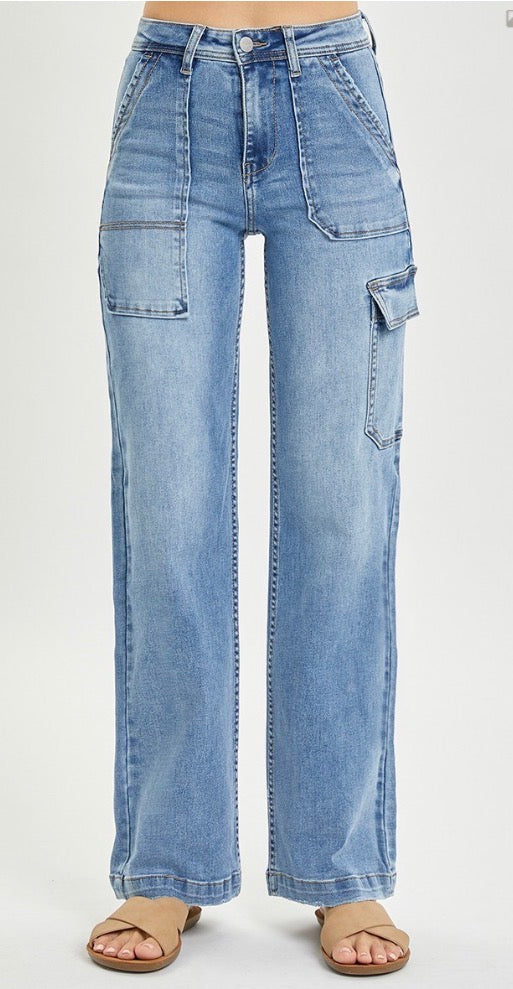 Risen High Rise Cargo Pocket Wide Leg Jeans – Trendy Utility Denim