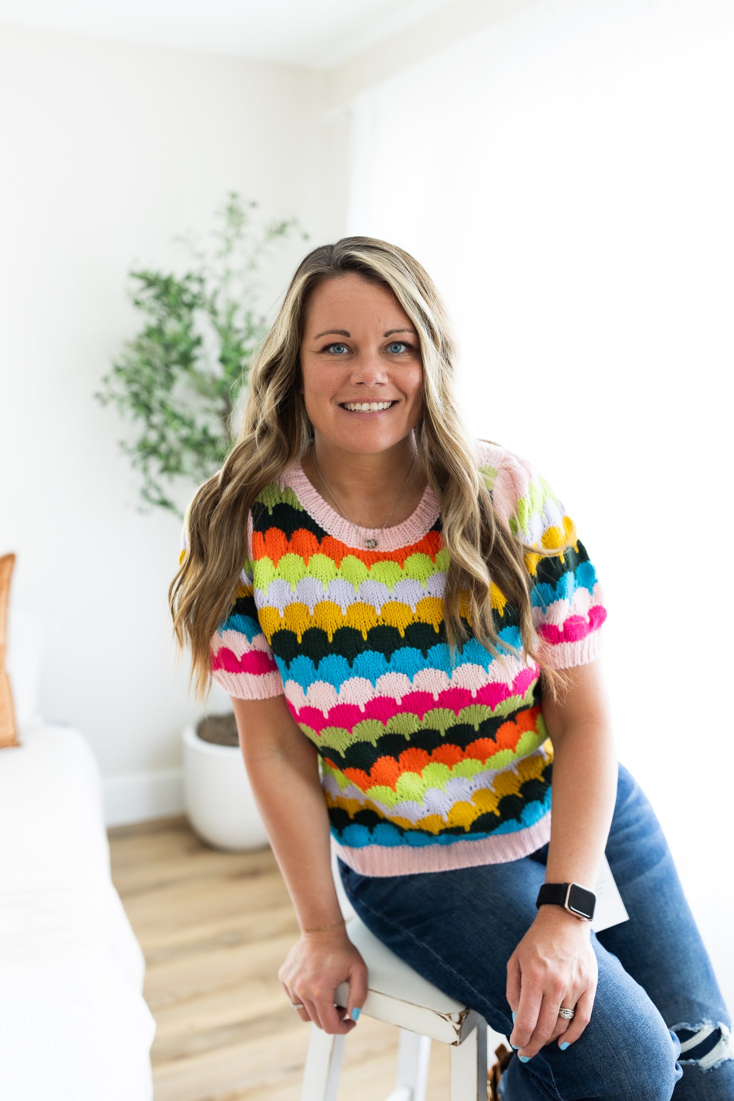 Multicolor Scallop Knit Short Sleeve Sweater Top | Playful Statement Knit