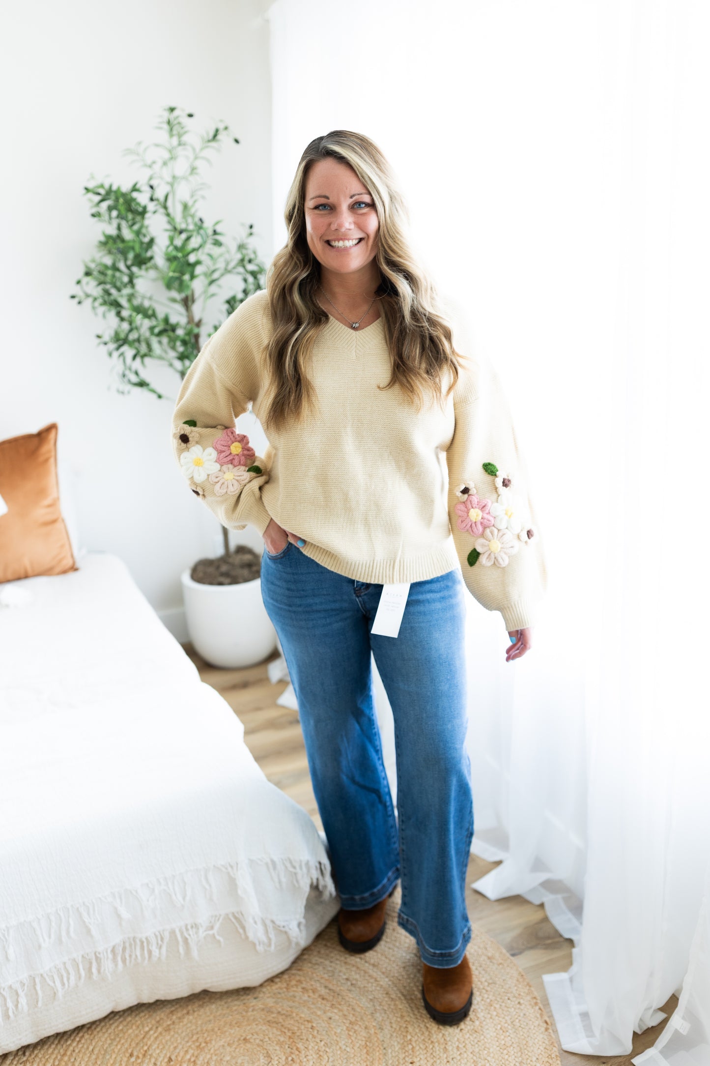 Crochet Flower Detail Sweater | Soft & Feminine Statement Knit