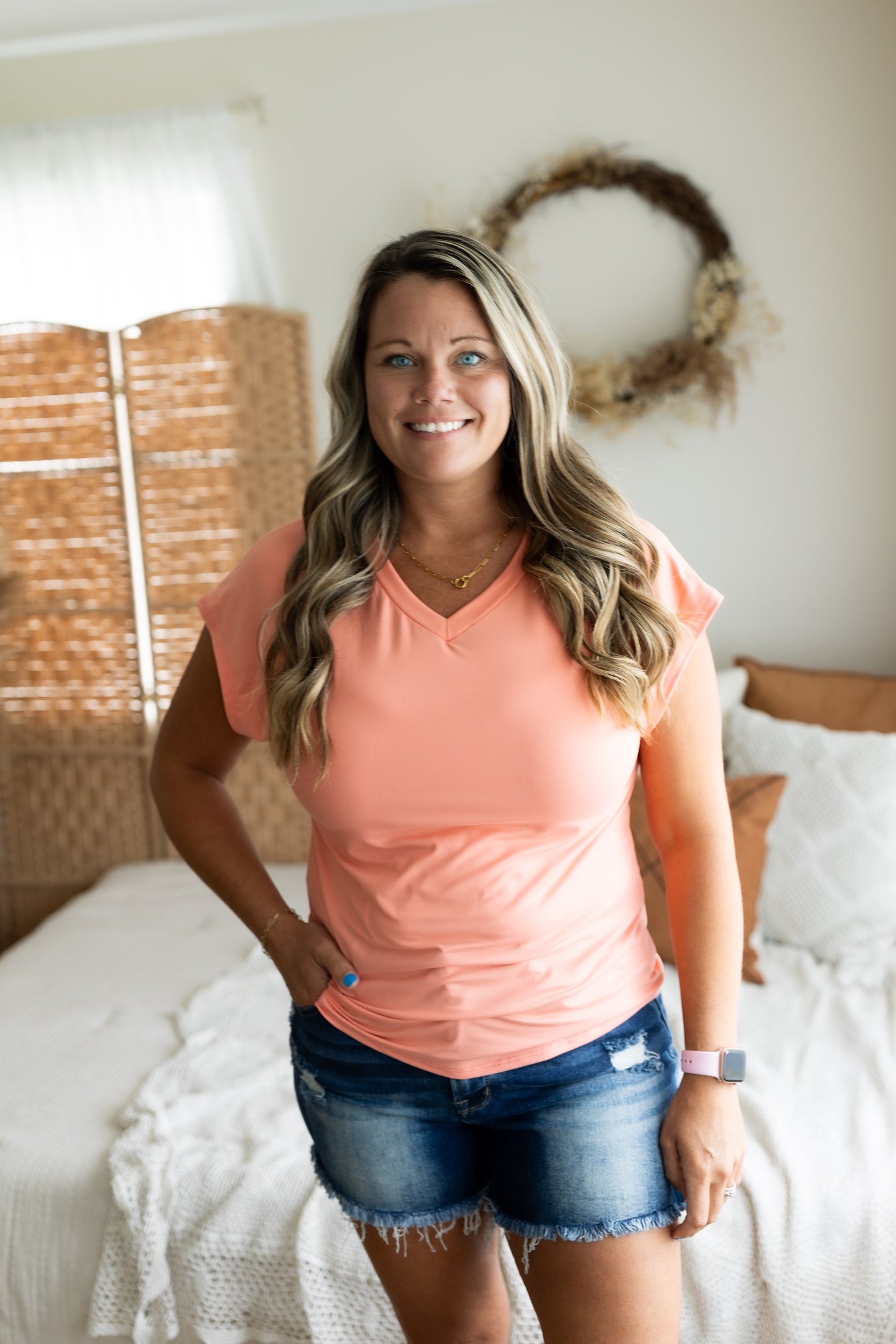 V-Neck Banded Drop Shoulder Cap Sleeve Knit Top | Relaxed Fit Shirt