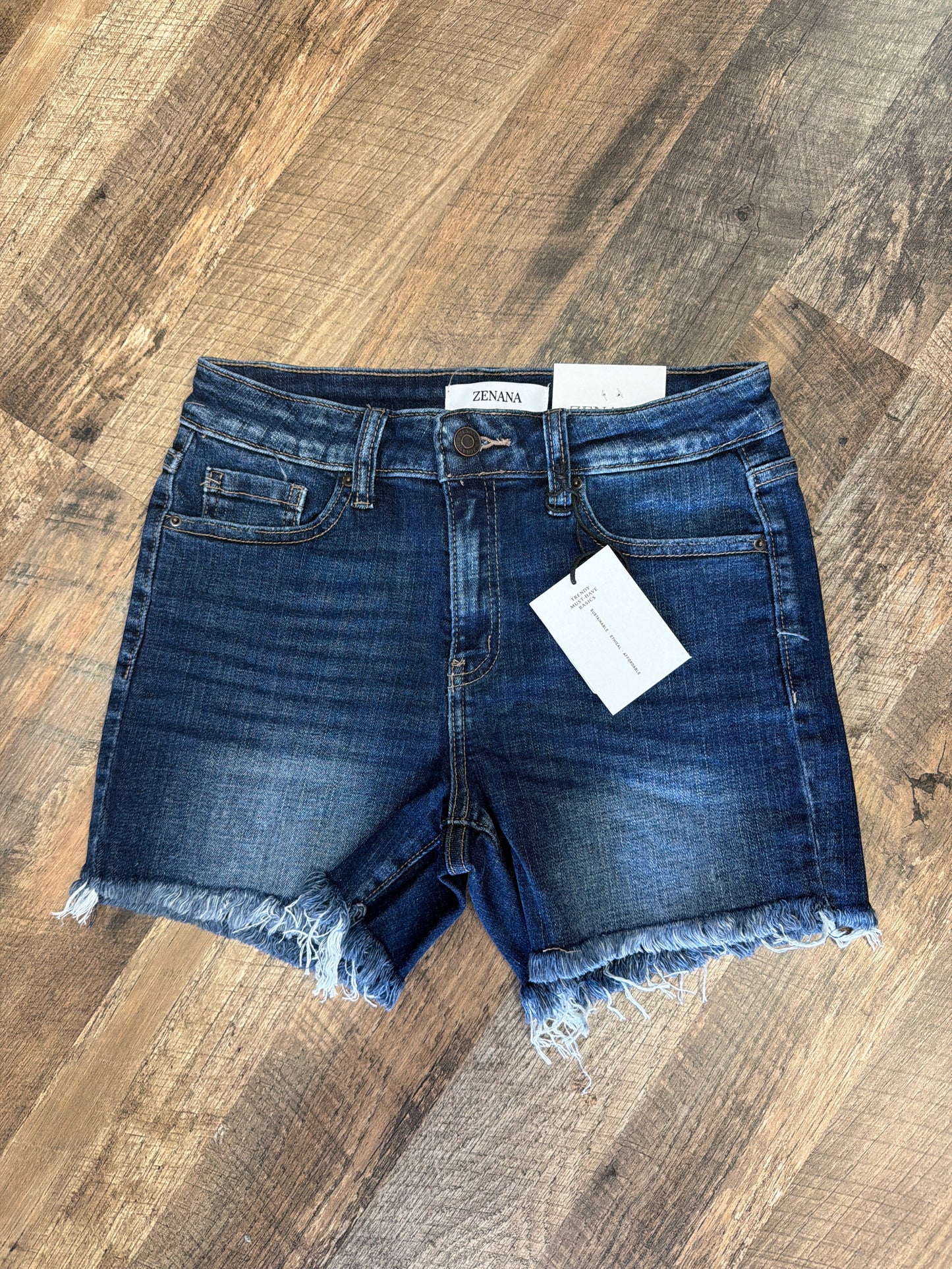 Zenana Washed Frayed Hem Denim Shorts-Dark Wash | Classic Raw Hem Everyday Shorts