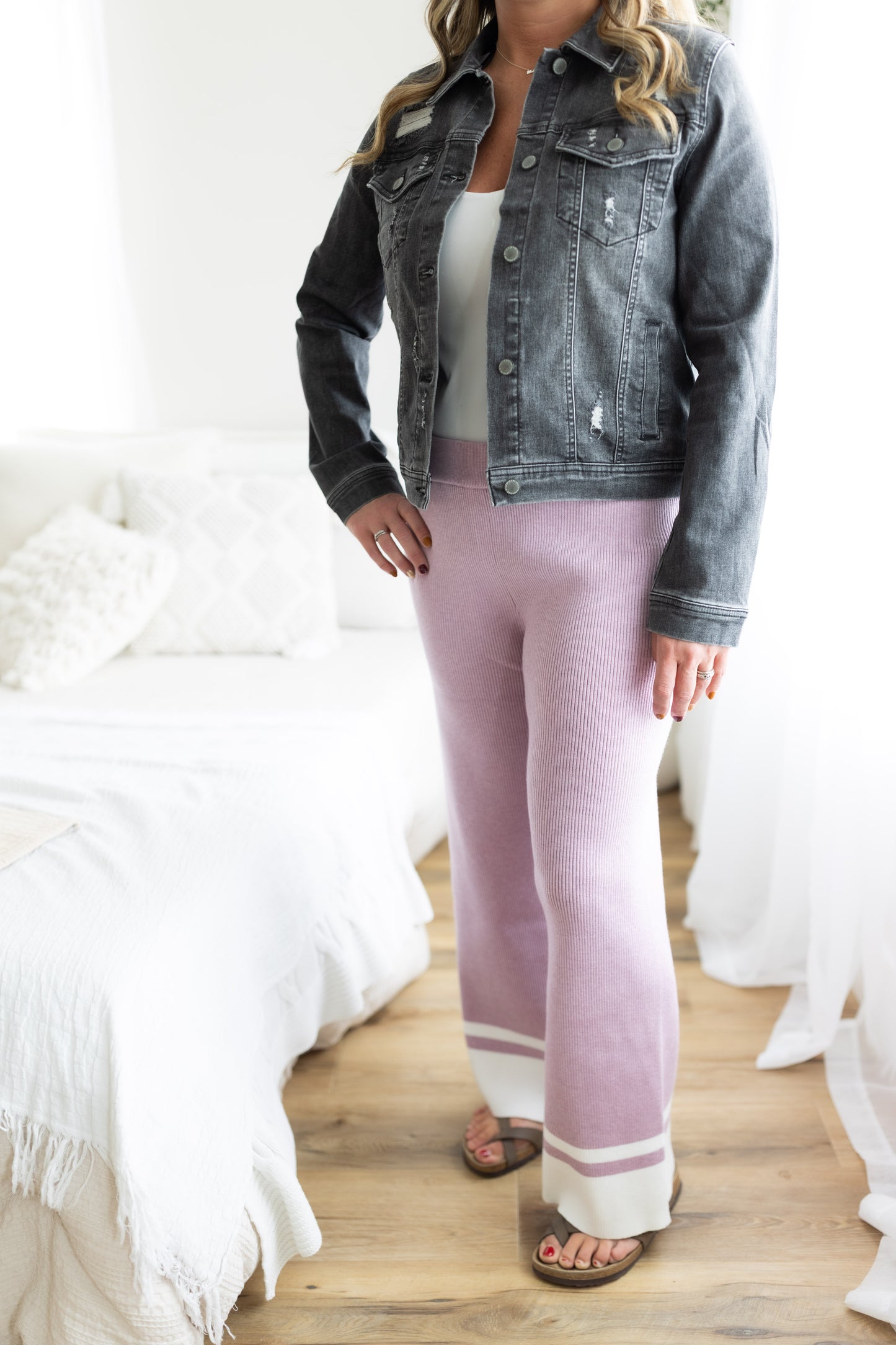 The Cozy Column Pants – Lilac Ribbed Sweater Knit Trousers