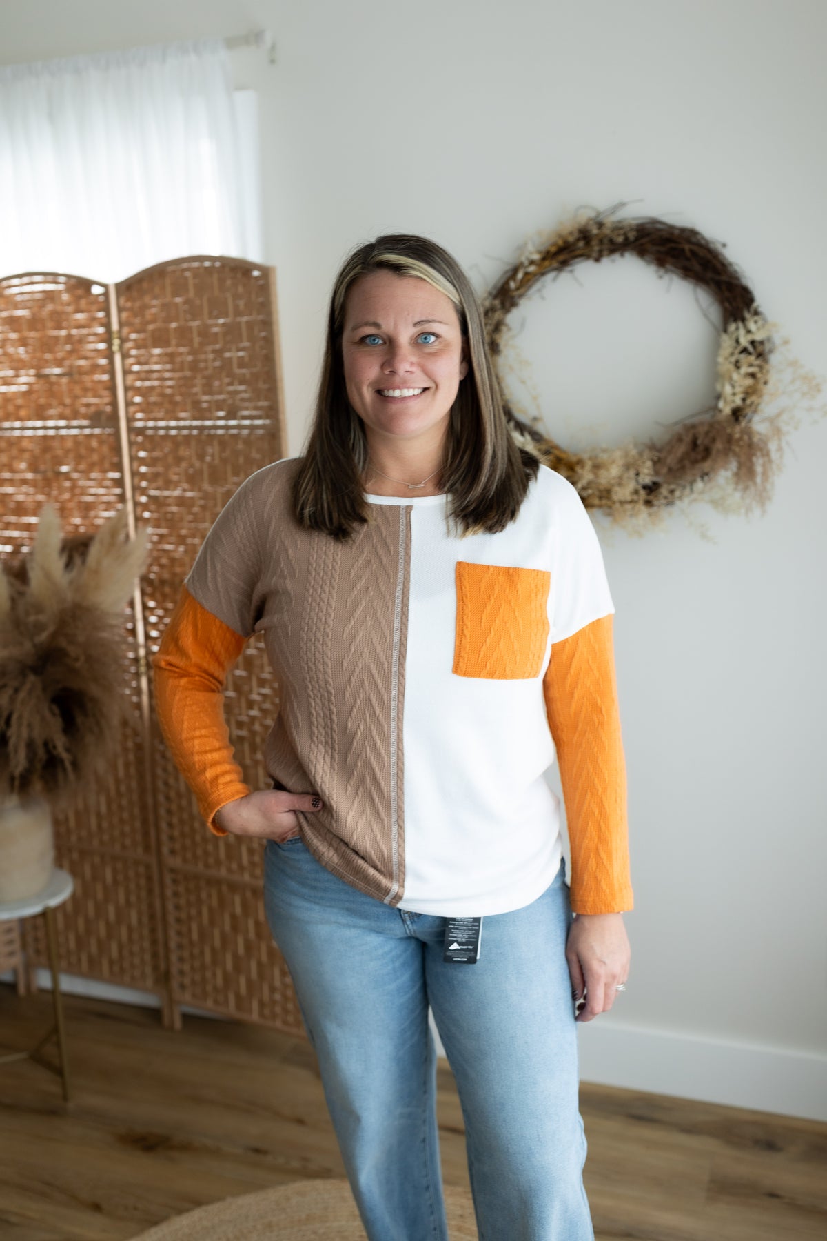 Colorblock Cable Knit Patch Pocket Top
