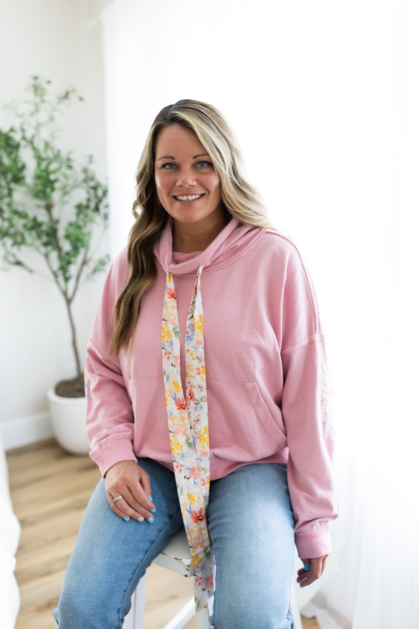 Baby Pink Patchwork Funnel Neck Long Sleeve Top | Soft & Stylish Layer