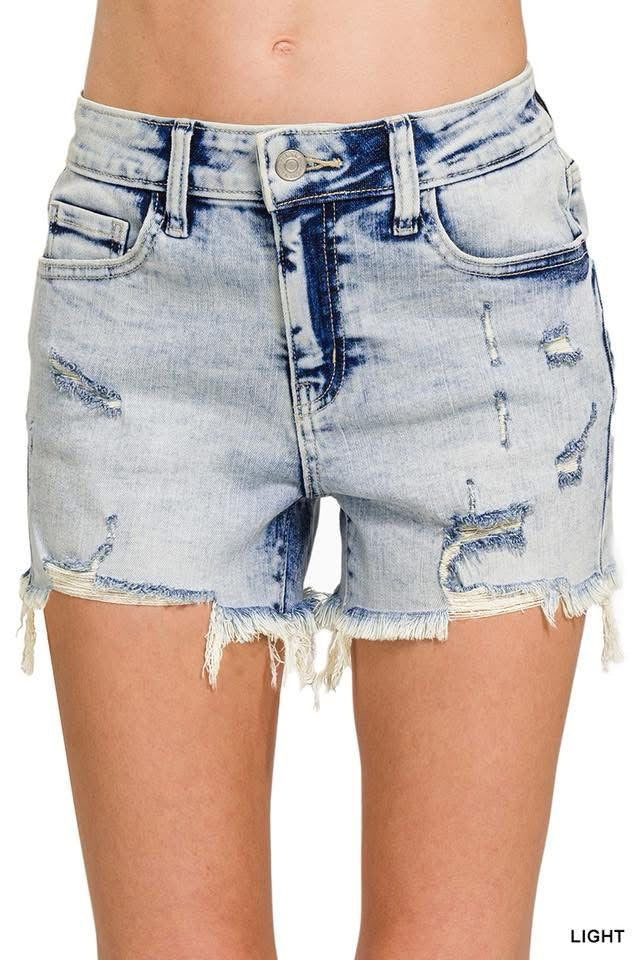 Zenana Acid Wash Frayed Hem Shorts