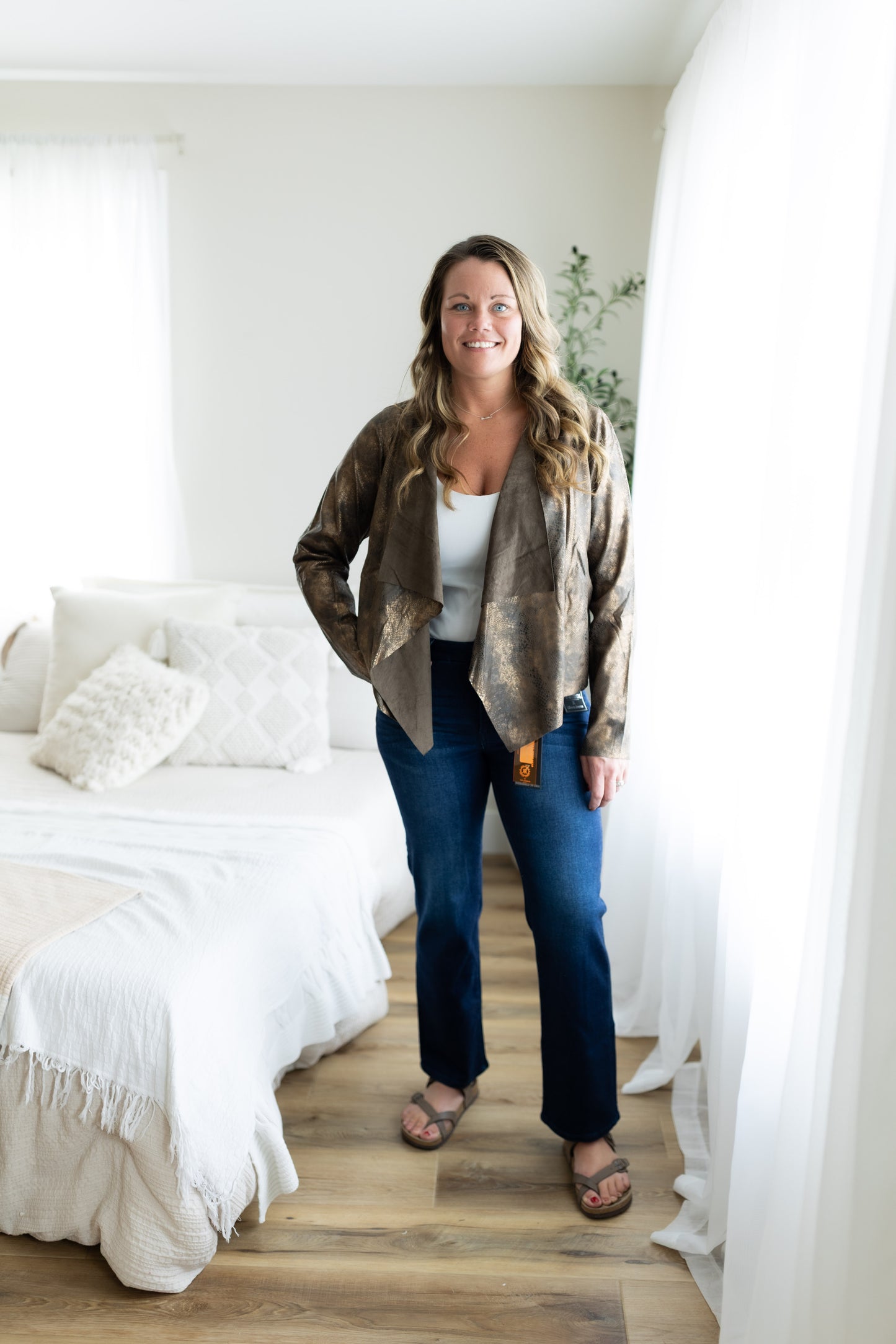 Sage Whisper Jacket – Olive Suede Animal Print Open Jacket