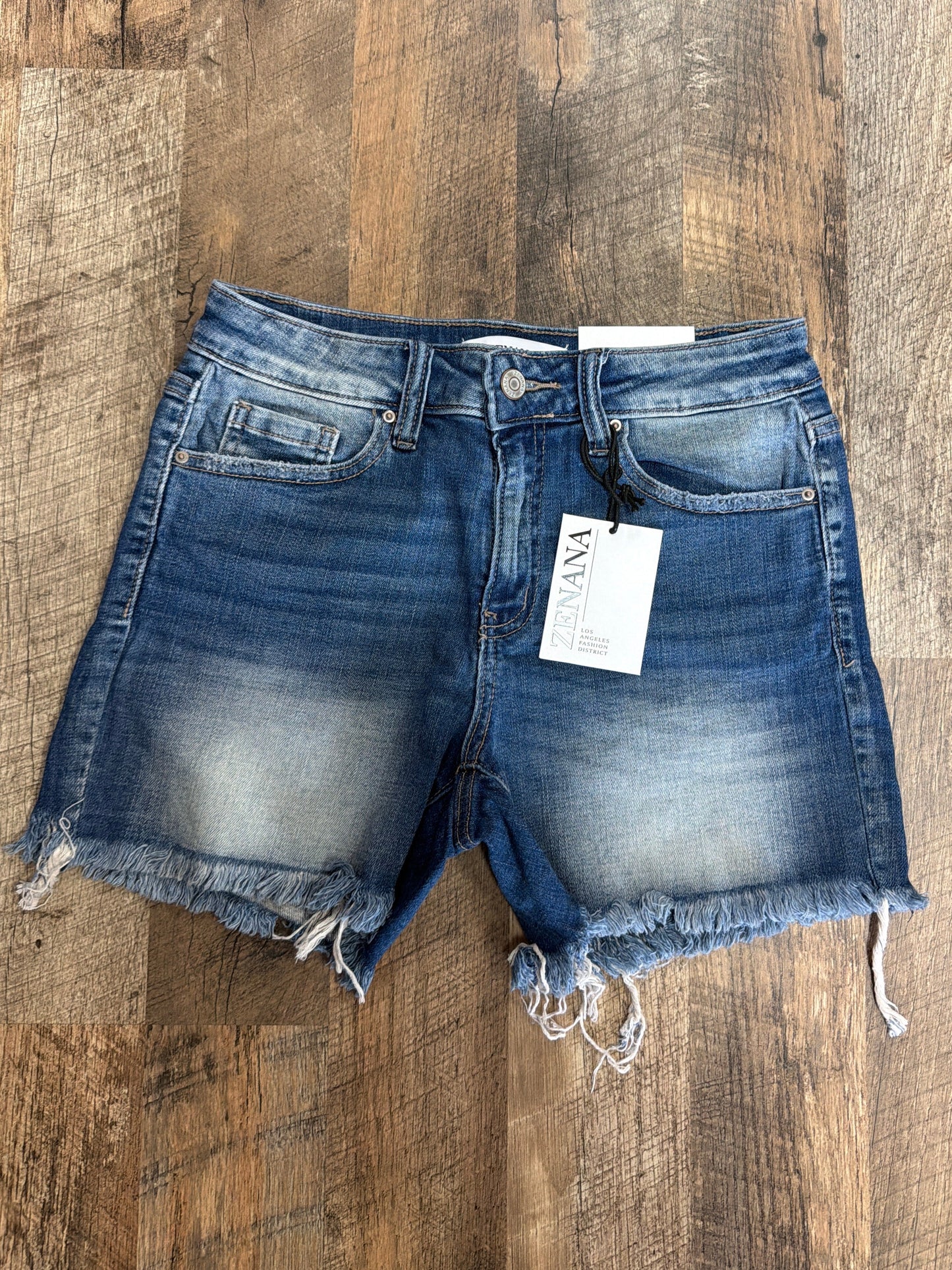 Zenana Washed Frayed Hem Denim Shorts-Medium Wash | Classic Raw Hem Everyday Shorts