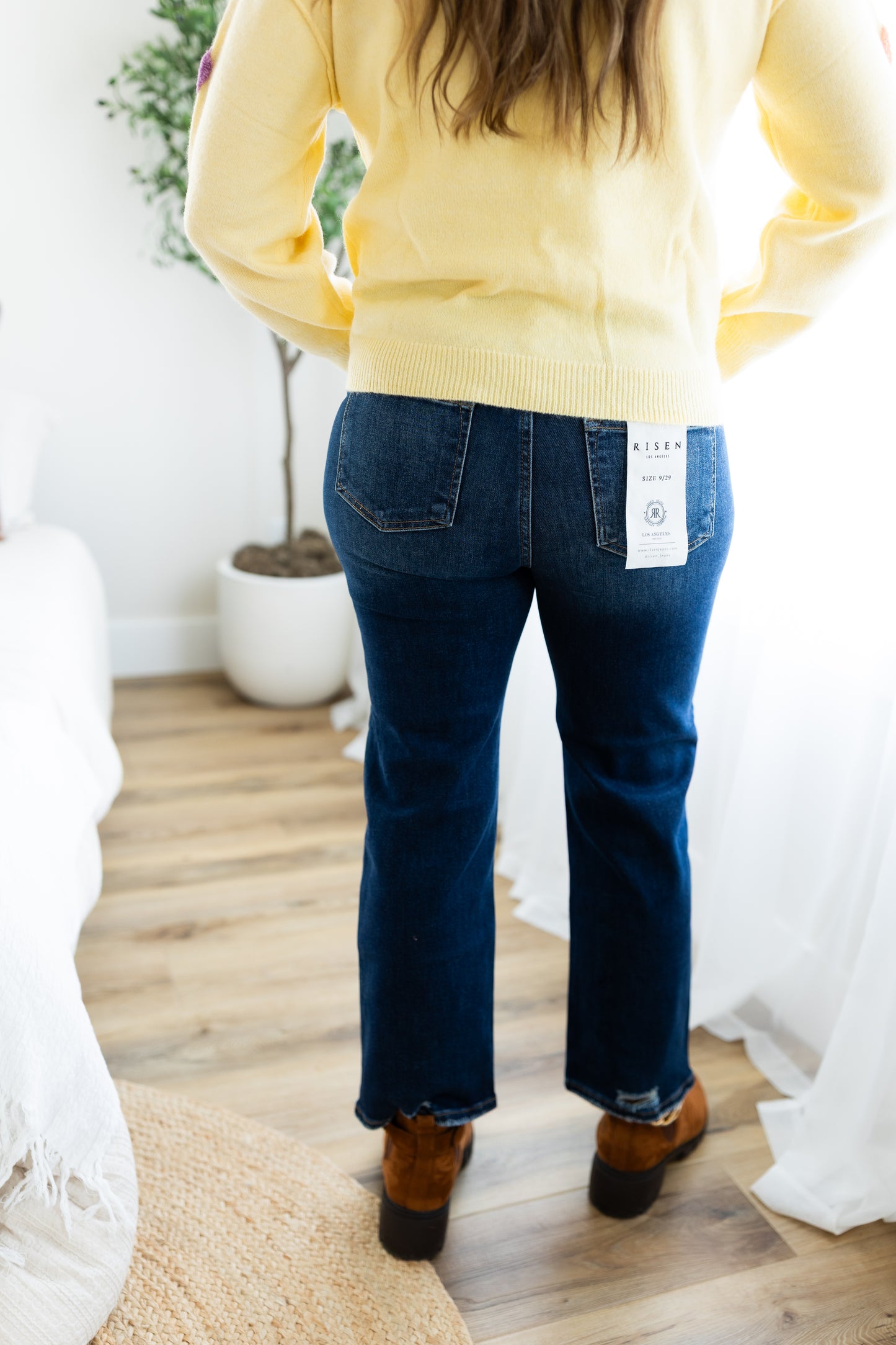 Risen High Rise Crop Slim Straight Jeans with Knee Patch | Modern Stretch Denim