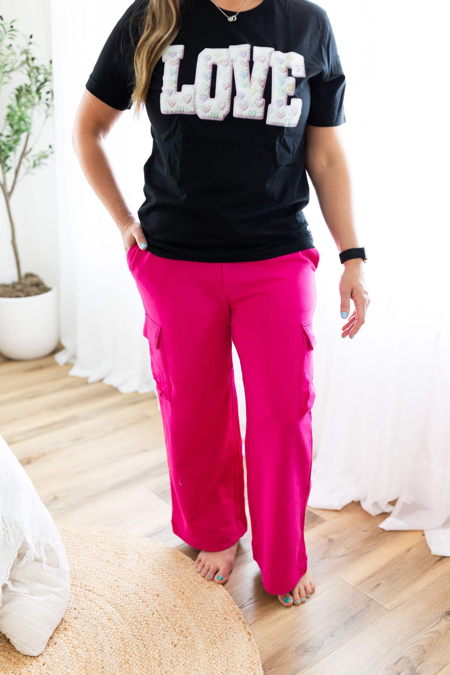 Risen Fuchsia Relaxed Cargo Wide Leg French Terry Pants | Comfy Utility Style