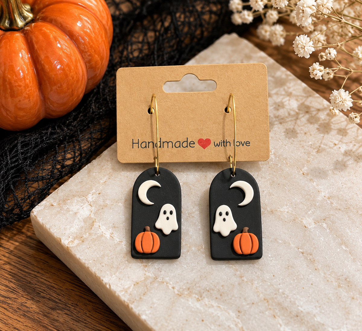 Midnight Moon Ghost & Pumpkin Clay Earrings