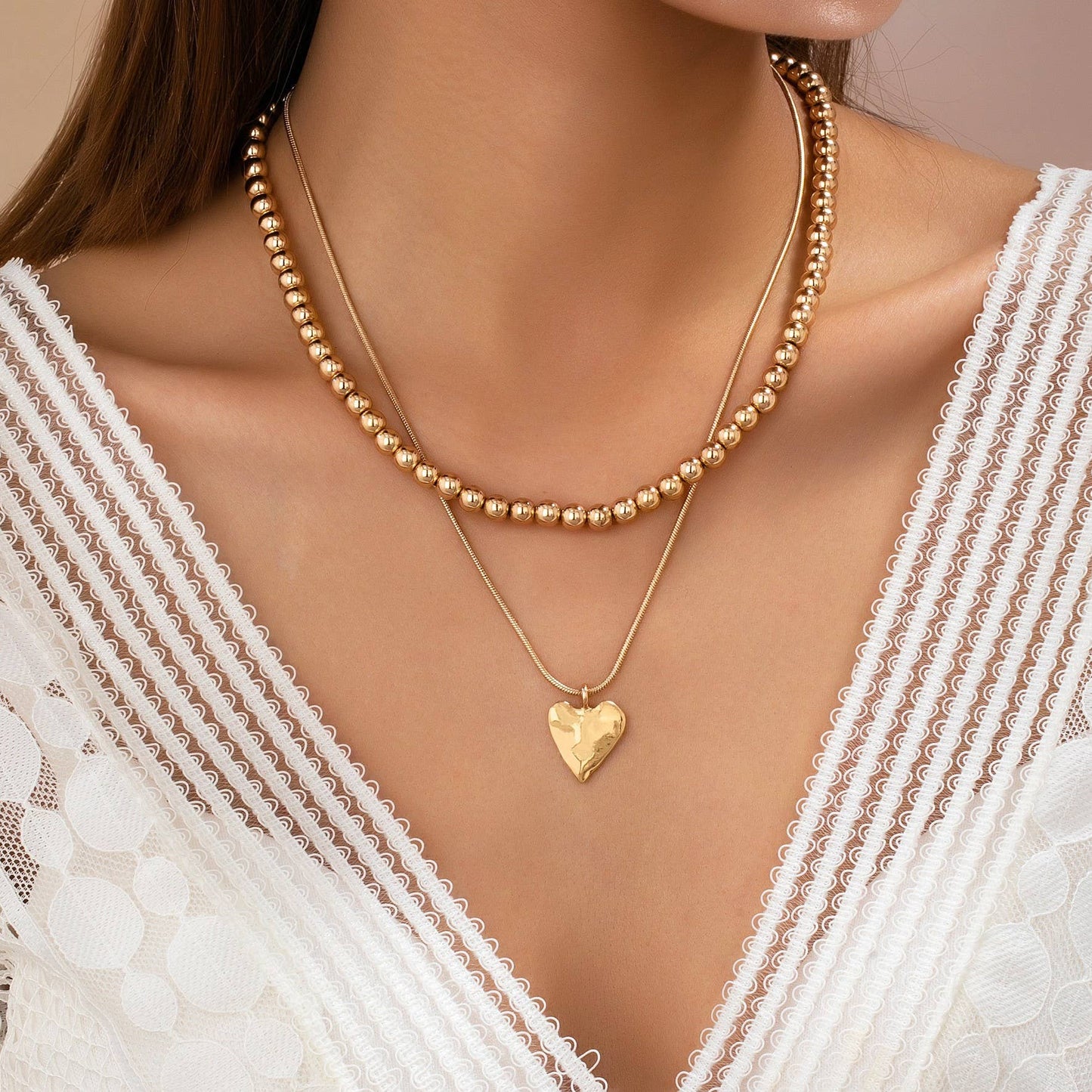 DOUBLE LAYER BALL CHAIN HEART CHARM NECKLACE | 80N92736