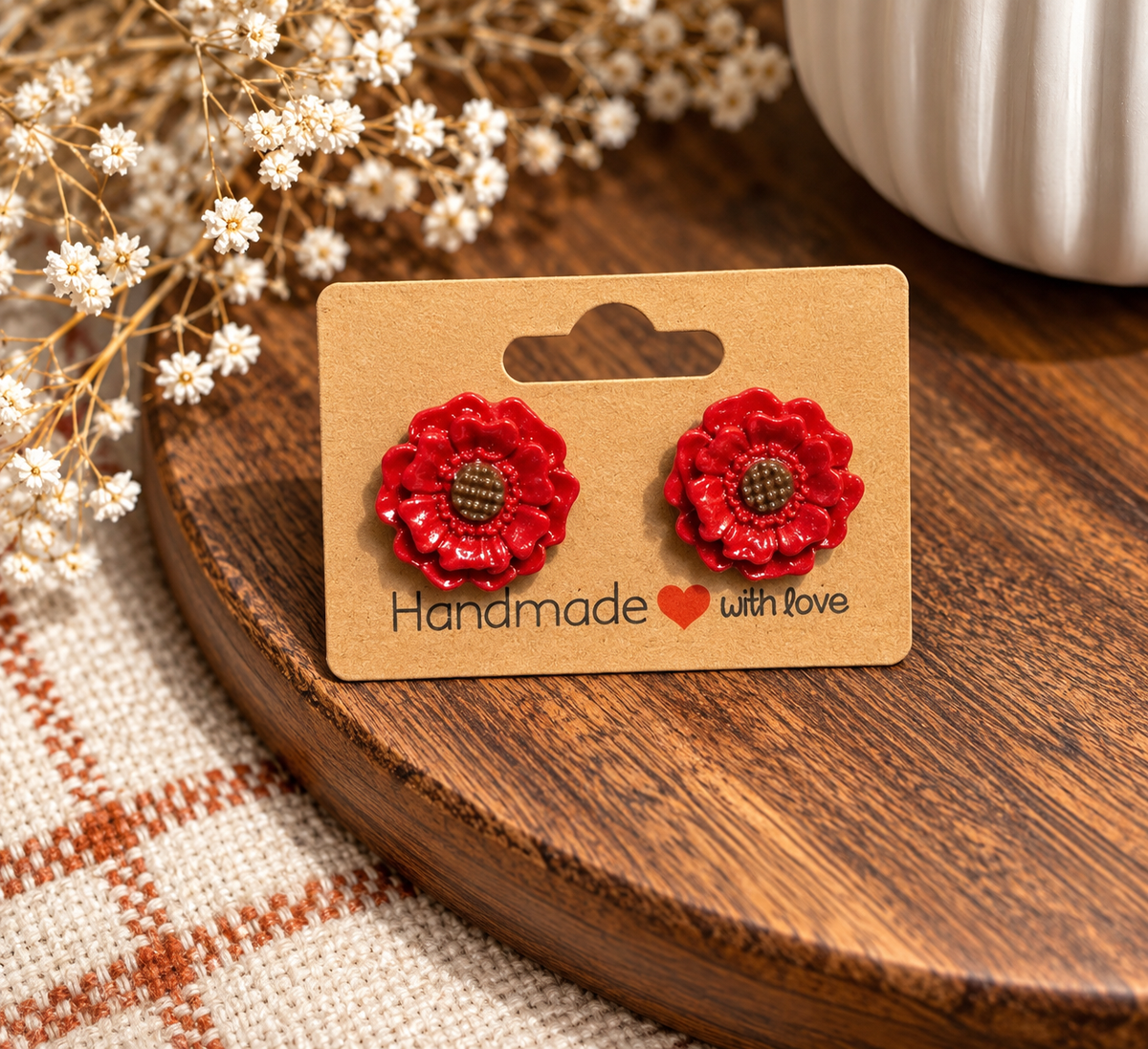 Red Poppy Clay Stud Earrings