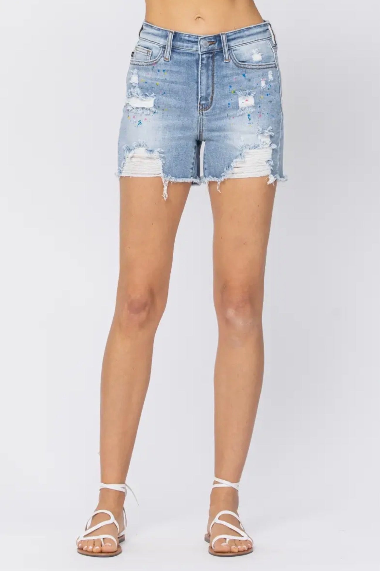 Judy Blue High Rise Paint Splatter Denim Shorts – Light Wash Stretch Summer Shorts