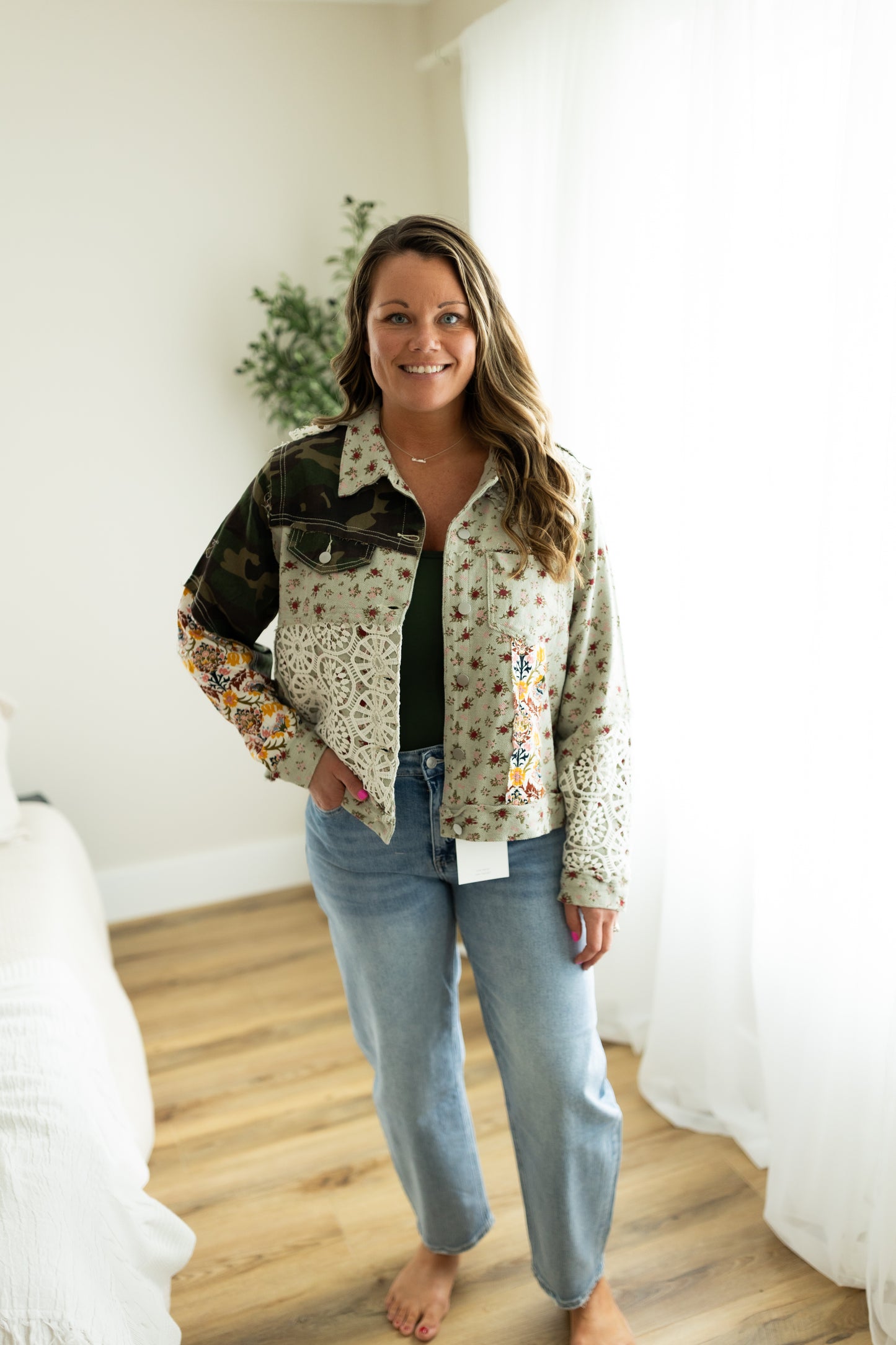 The Olive Lane Jacket – POL Mixed Lace & Denim Detail