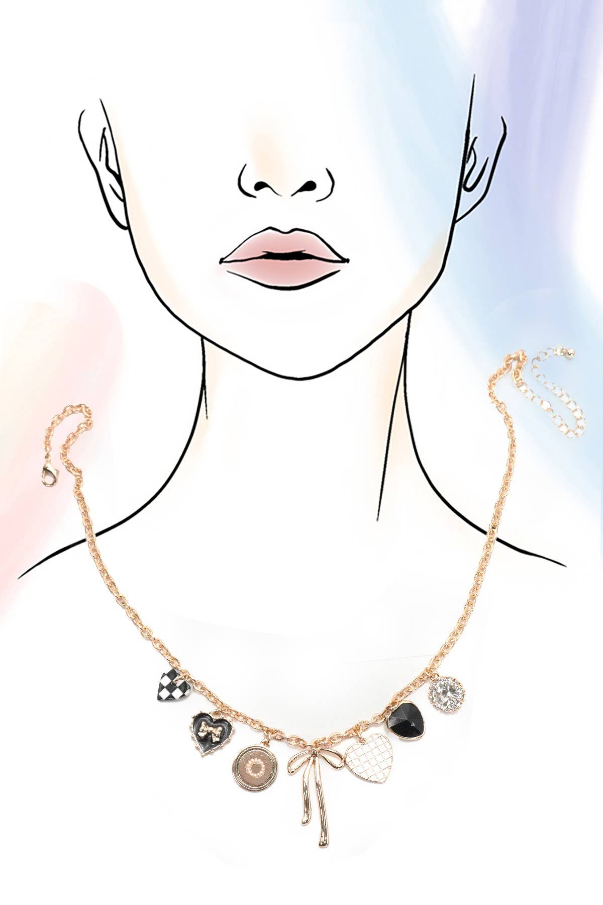 CHARM NECKLACE-BOW CHECKER HEART RHINESTONE | 80N91422