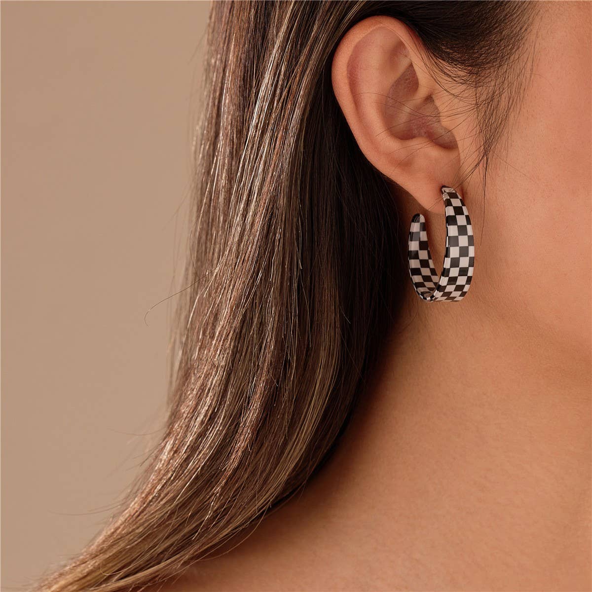 Retro Checkerboard Hoop Earrings | Lightweight Gold Plated Statement Earrings