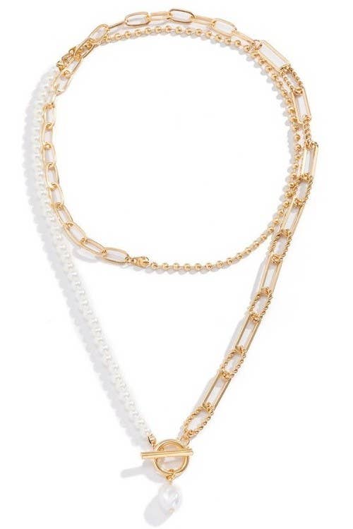 Pearl Mix Double Layer Toggle Necklace | Gold Layered Pearl Chain Necklace