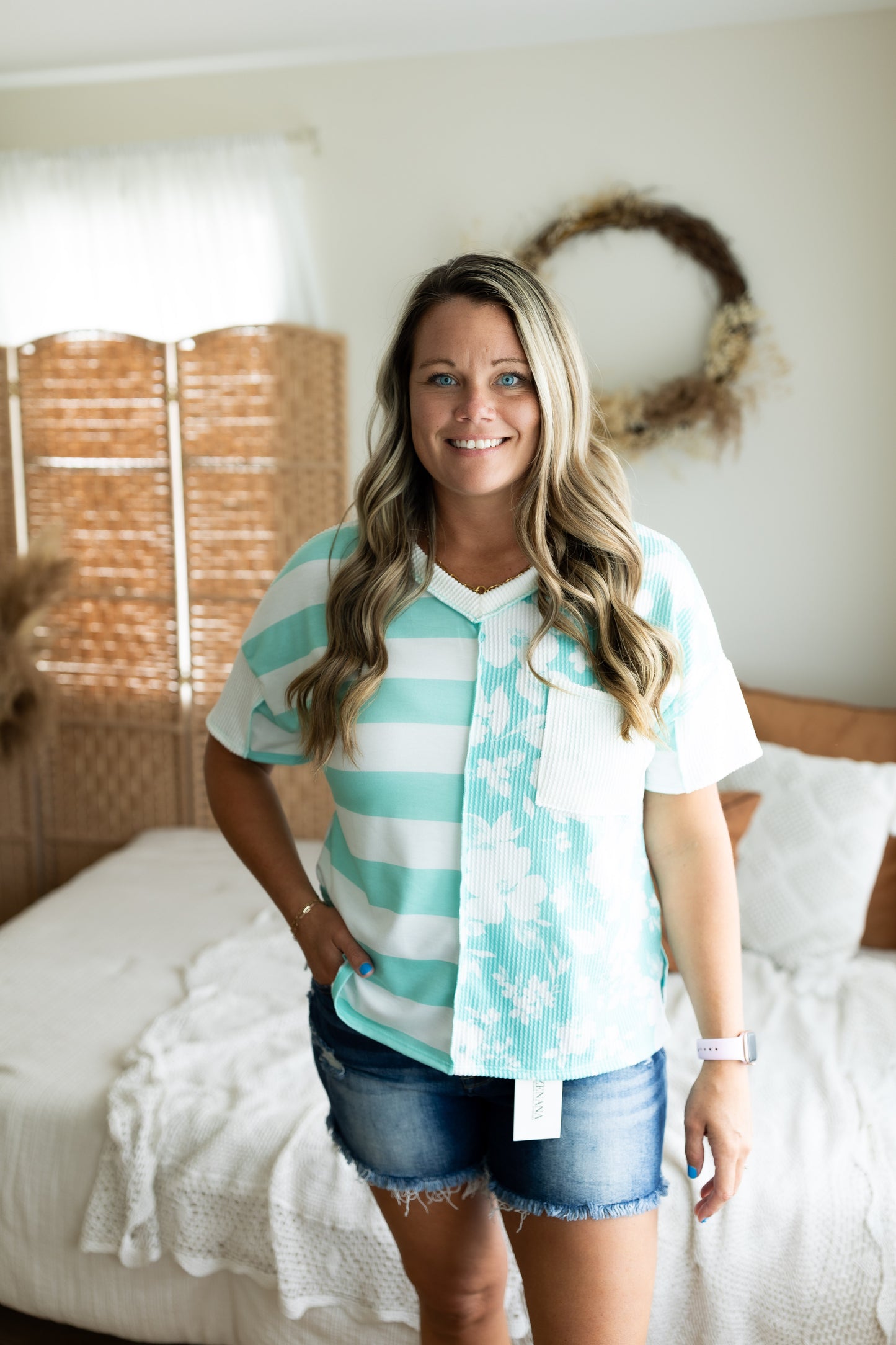 Mint Stripe & Floral Mixed Print Waffle Top | Short Sleeve Shirt
