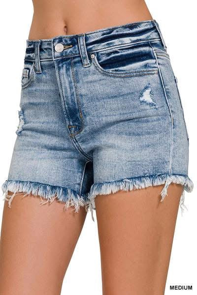 Zenana Medium Wash Frayed Hem Shorts