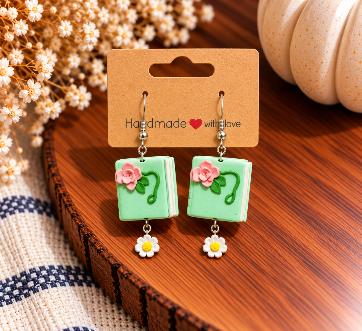 Mint Book & Daisy Clay Earrings