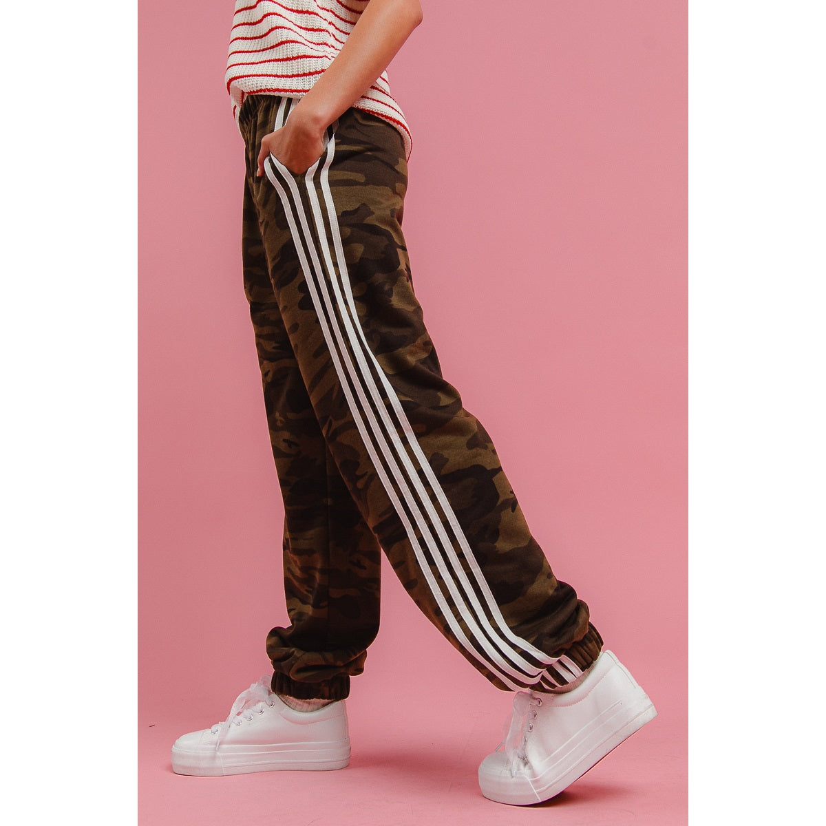 Side Lines Camouflage Track Pants | Camo Joggers with White Side Stripes