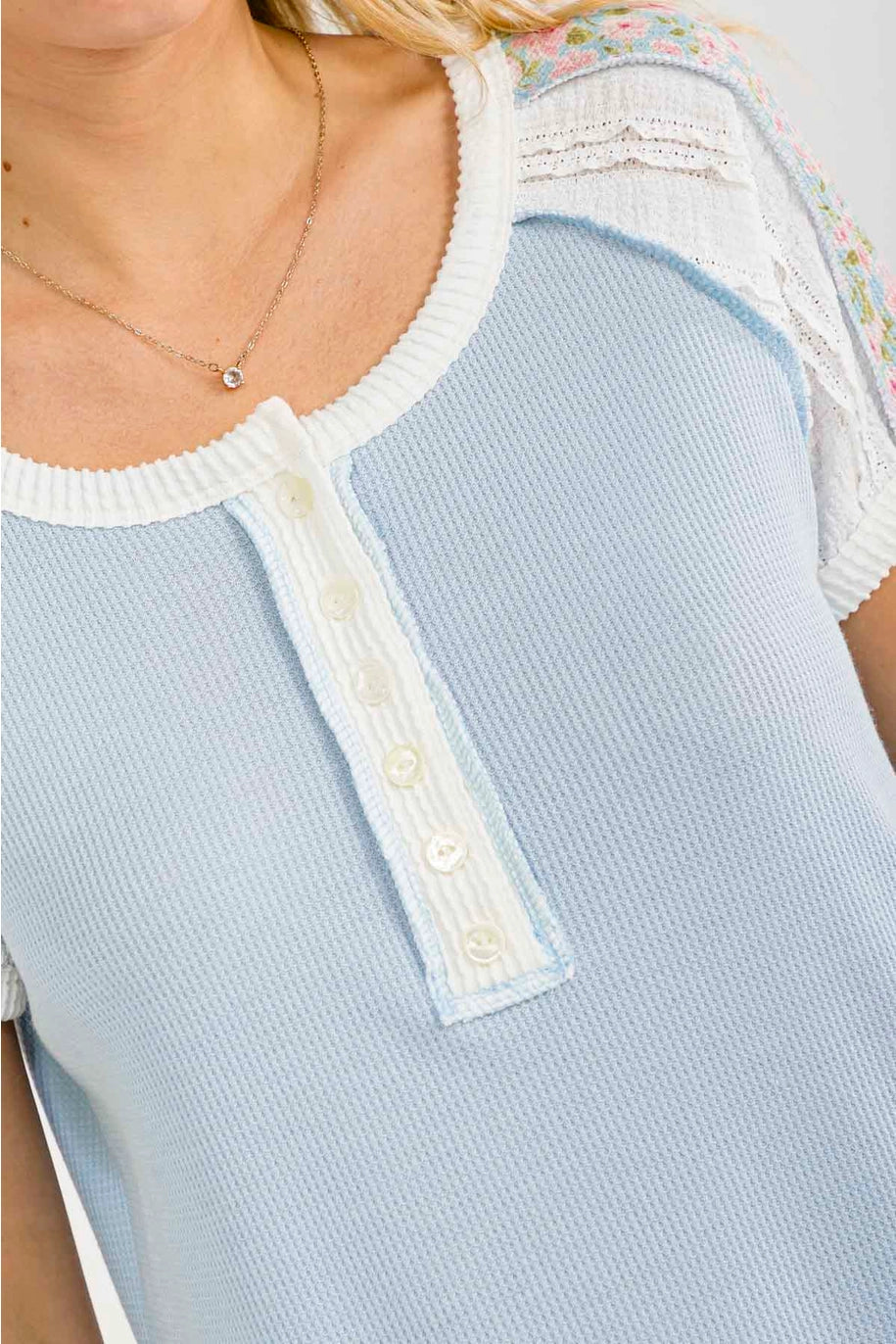 Blue Thermal Knit Top with Lace Raglan Sleeves | Floral Button Front Top SEO Description: