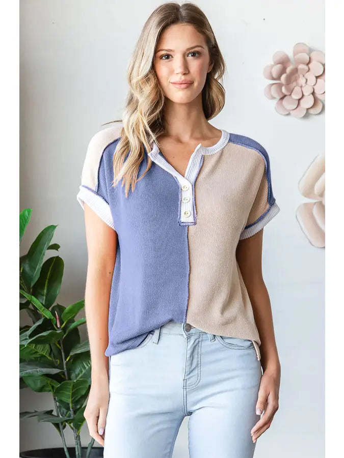 Ribbed Color Block Patchwork Top | Raw Edge Button Front Relaxed Fit Shirt