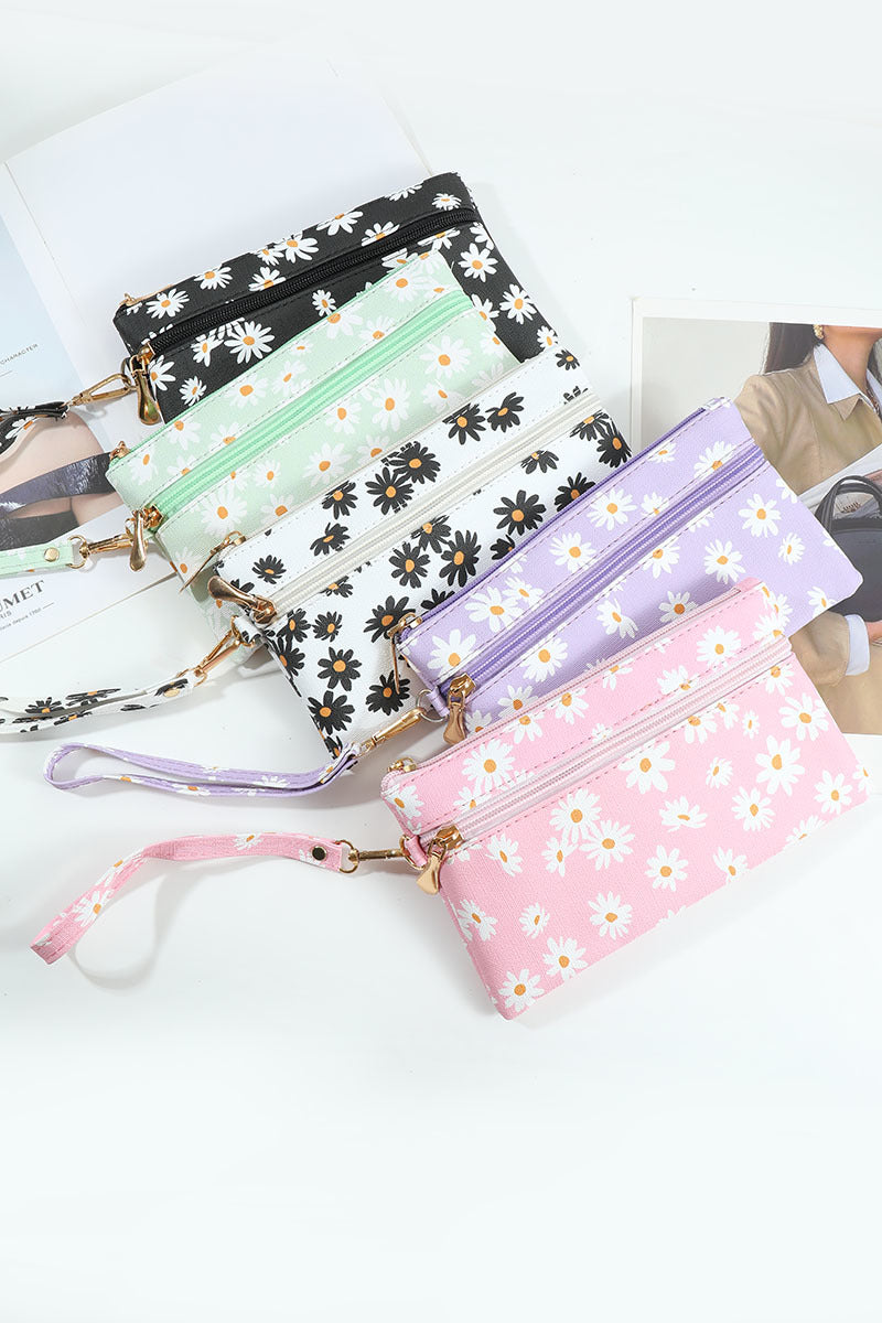 Daisy Printed Wristlet Wallet Bag – Floral Zip Pouch with Strap