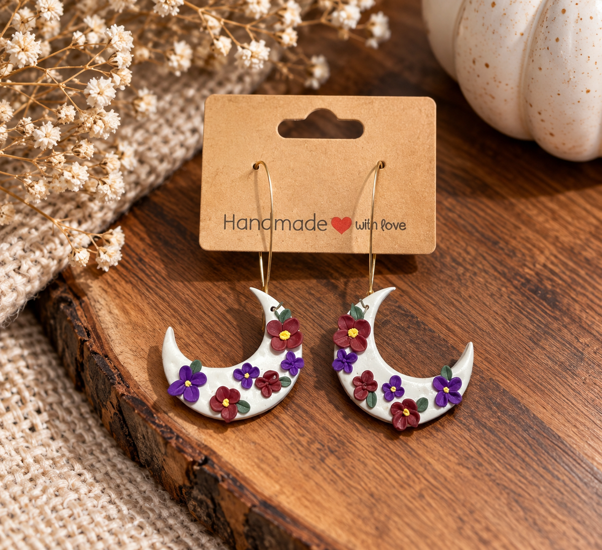 Floral Crescent Moon Clay Earrings