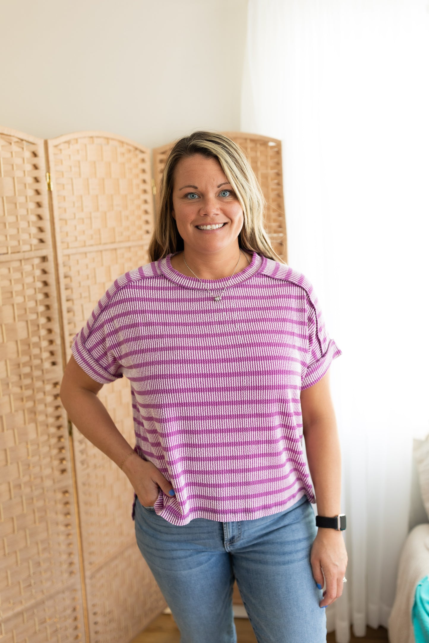 Raised Rib Striped Exposed Seam Top Casual Textured Knit