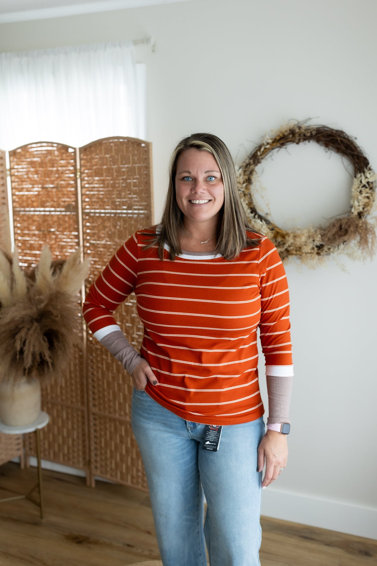 Striped Ribbed Color Block Cuff Tee