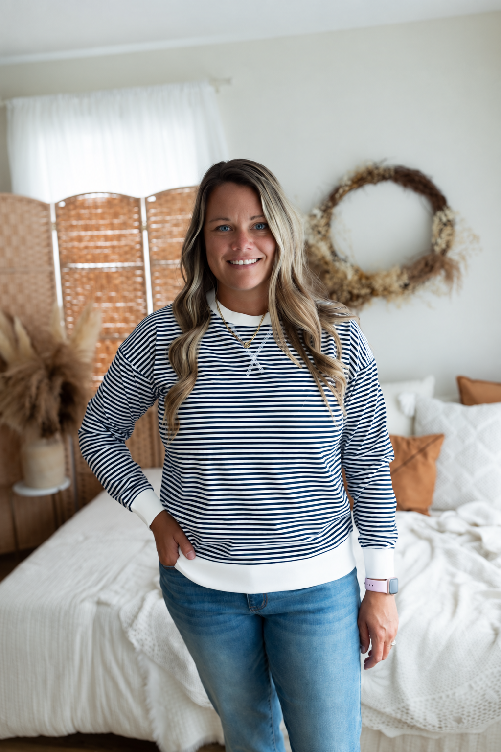 Navy Striped Rib Banded Pullover