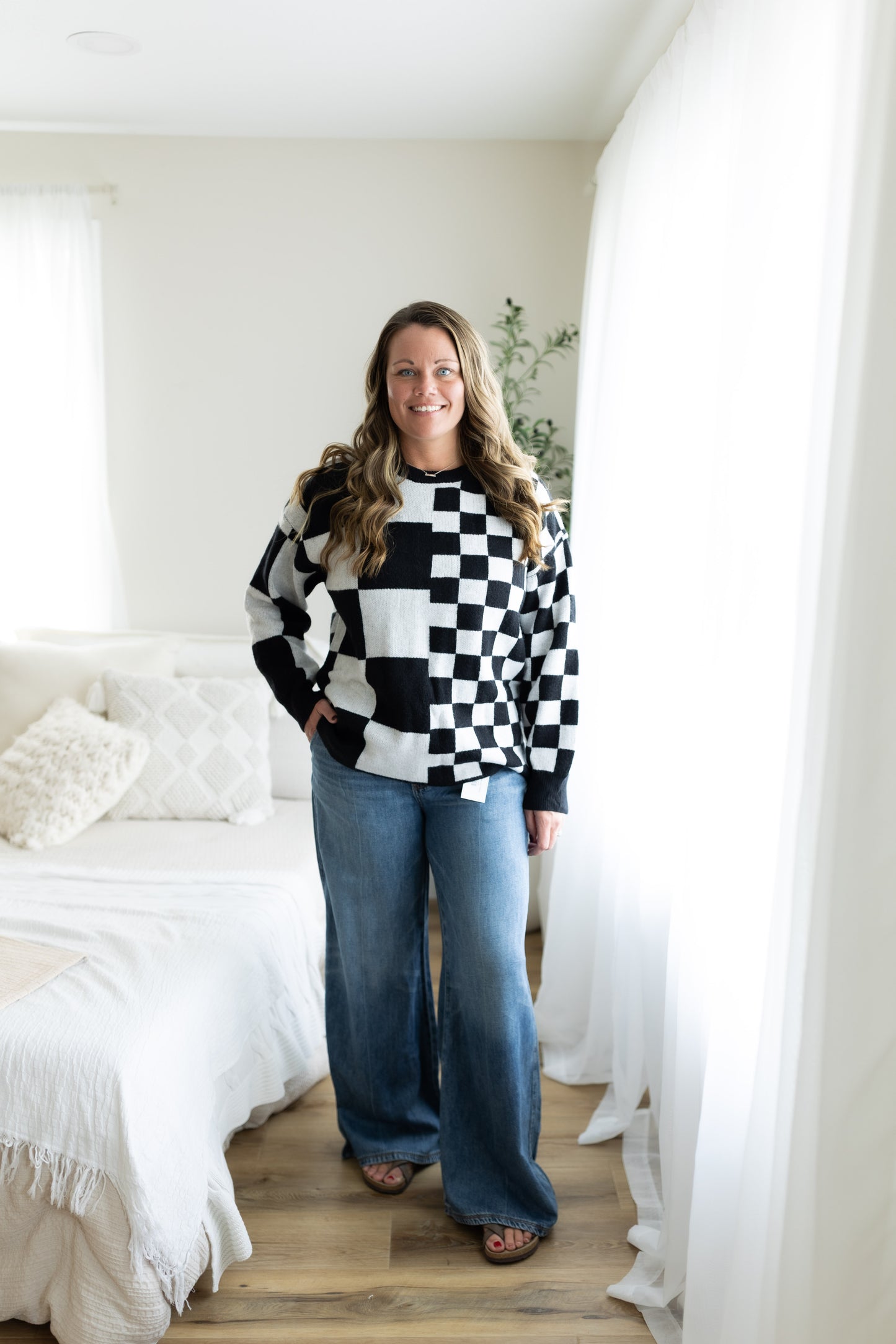 Off the Grid Sweater - Black & White Checkerboard Oversized Knit Pullover