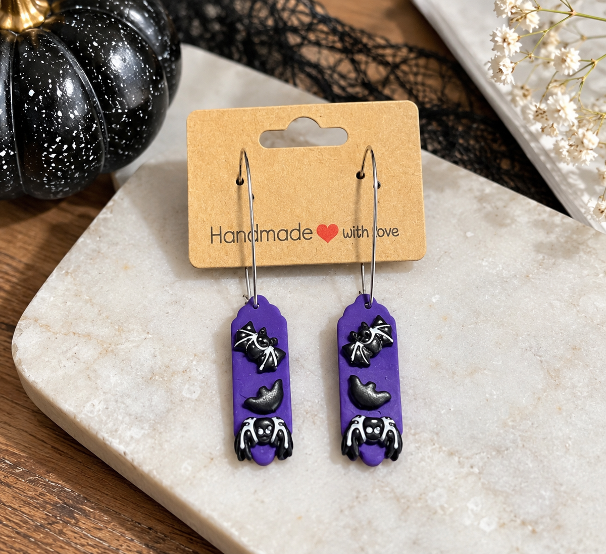 Spooky Bat & Spider Clay Earrings