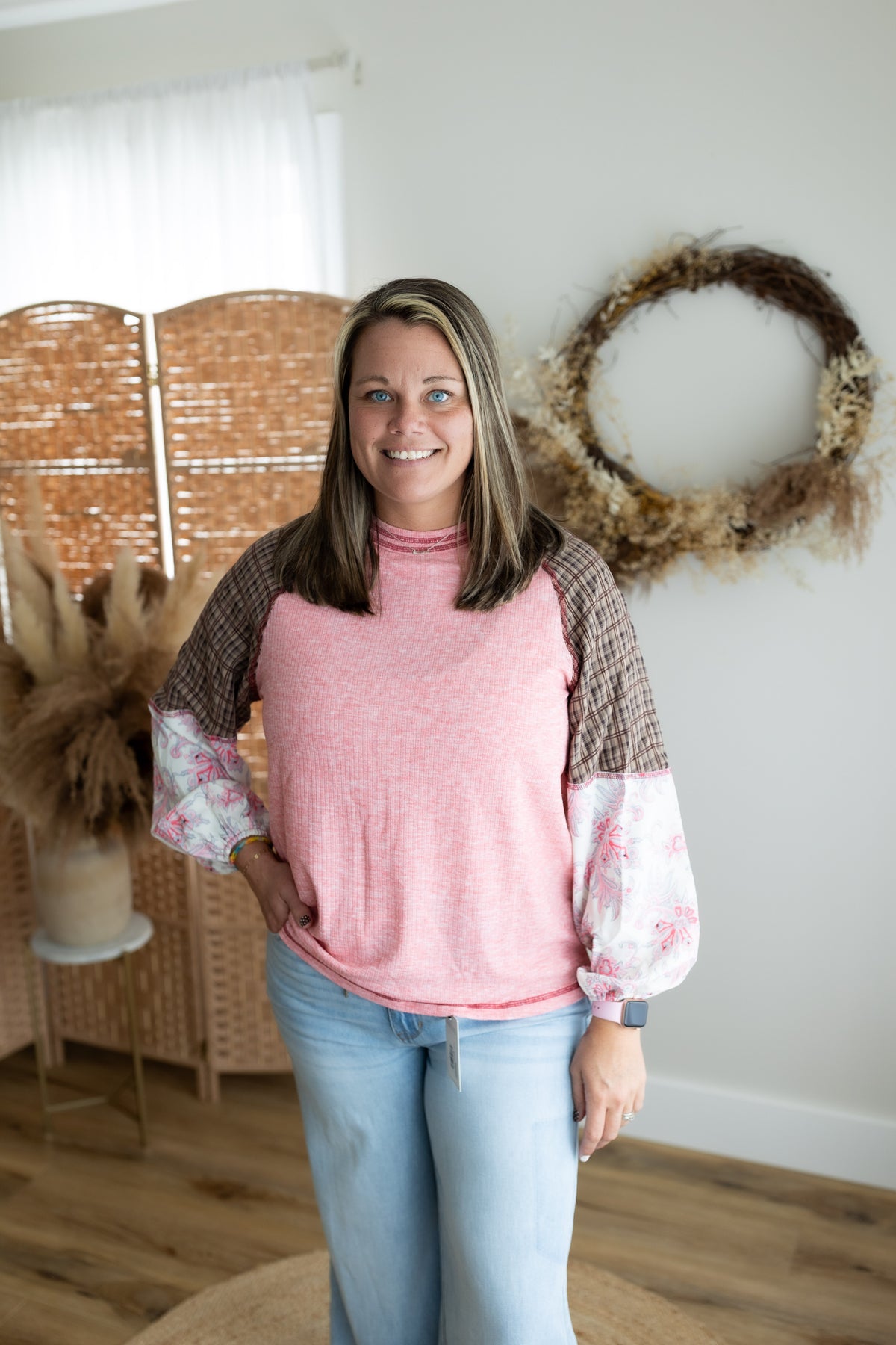 Plaid Paisley Color Block Raglan Top