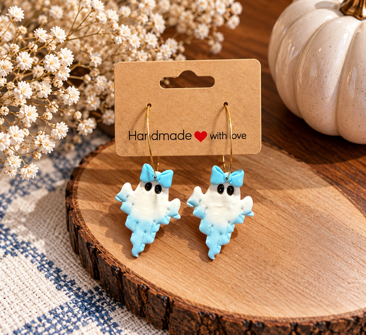 Blue Bow Ghost Clay Earrings