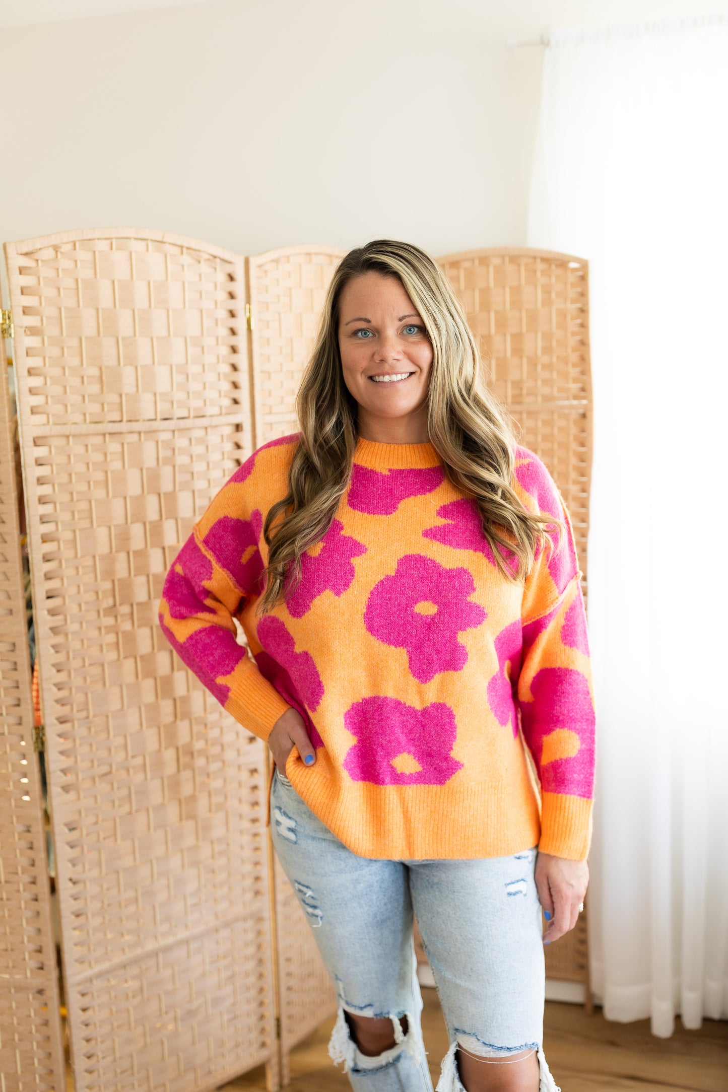 Floral Long Sleeve Loose Fit Knit Sweater