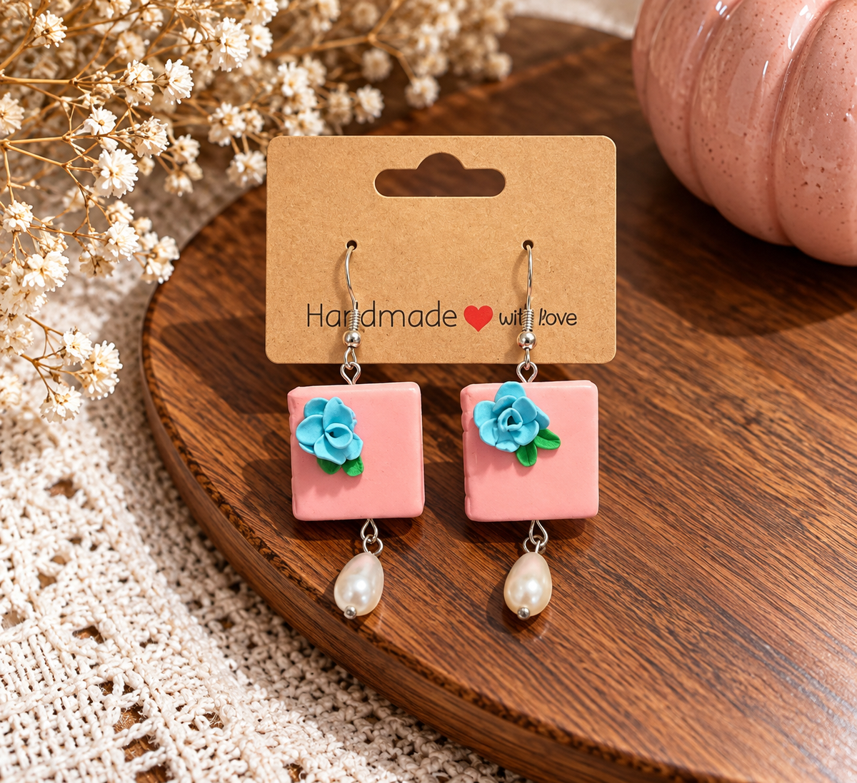 Blue Rose & Pearl Drop Clay Earrings
