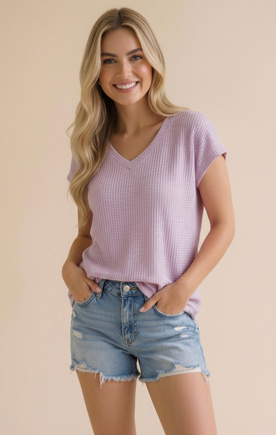 V-Neck Ribbed Knit Top | Banded Drop Shoulder Cap Sleeve Boutique Shirt