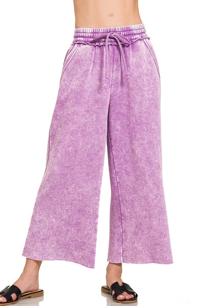 Acid Wash Fleece Palazzo Pants with Pockets | Cozy Wide Leg Lounge Bottoms - Two Colors