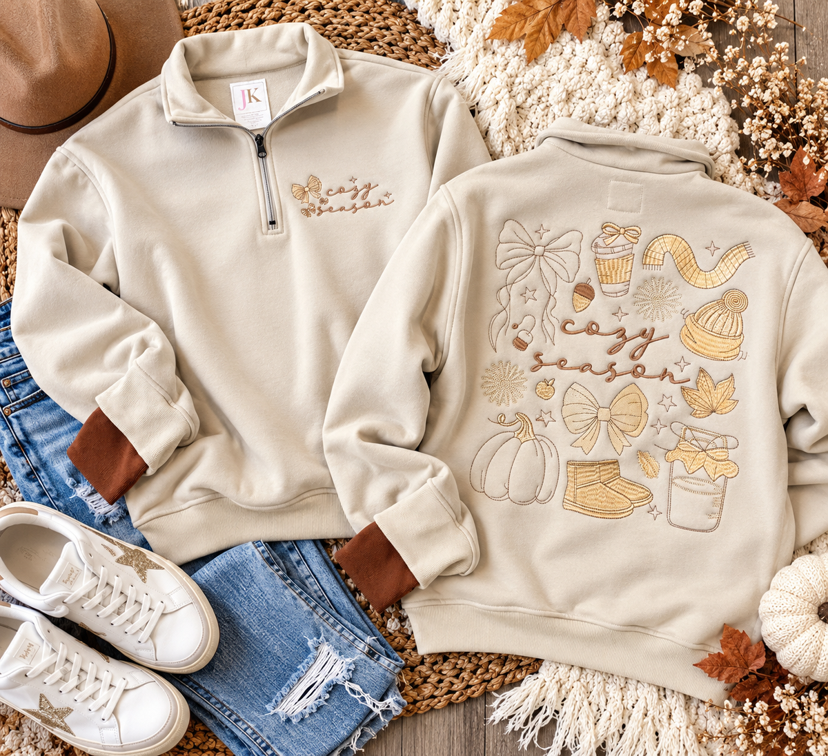 Fall Favorites Embroidered Quarter-Zip Pullover with Contrast Cuffs