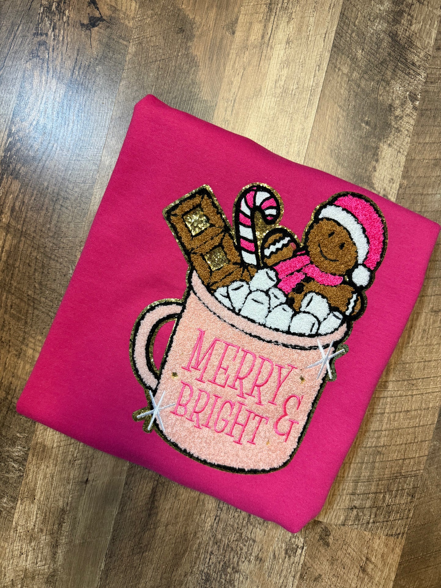 Merry & Bright Gingerbread Hot Cocoa Sweatshirt – Pink Chenille Christmas Pullover
