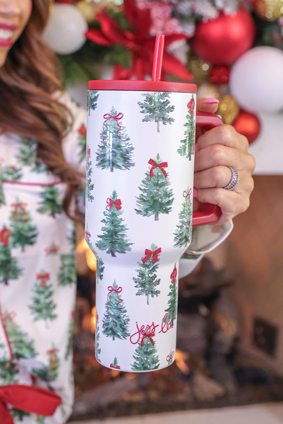 White Christmas Tree Tumbler with Bows – Holiday Insulated Cup