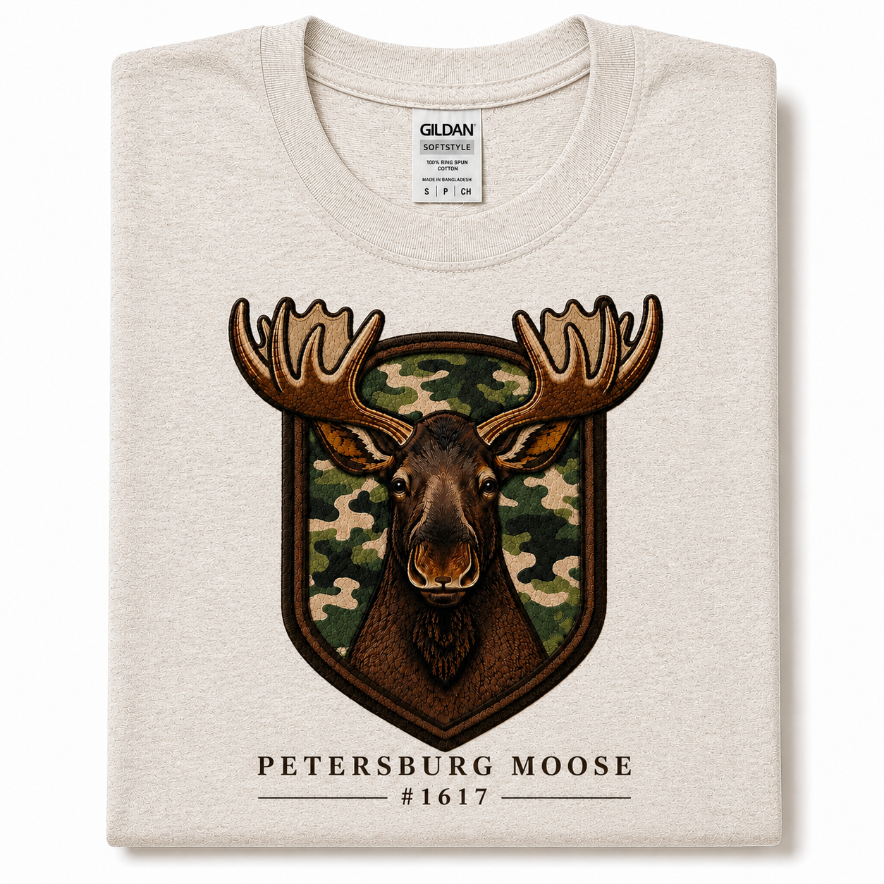Petersburg Moose #1617 Camo Crest Graphic T-Shirt | Moose Patch Style Tee