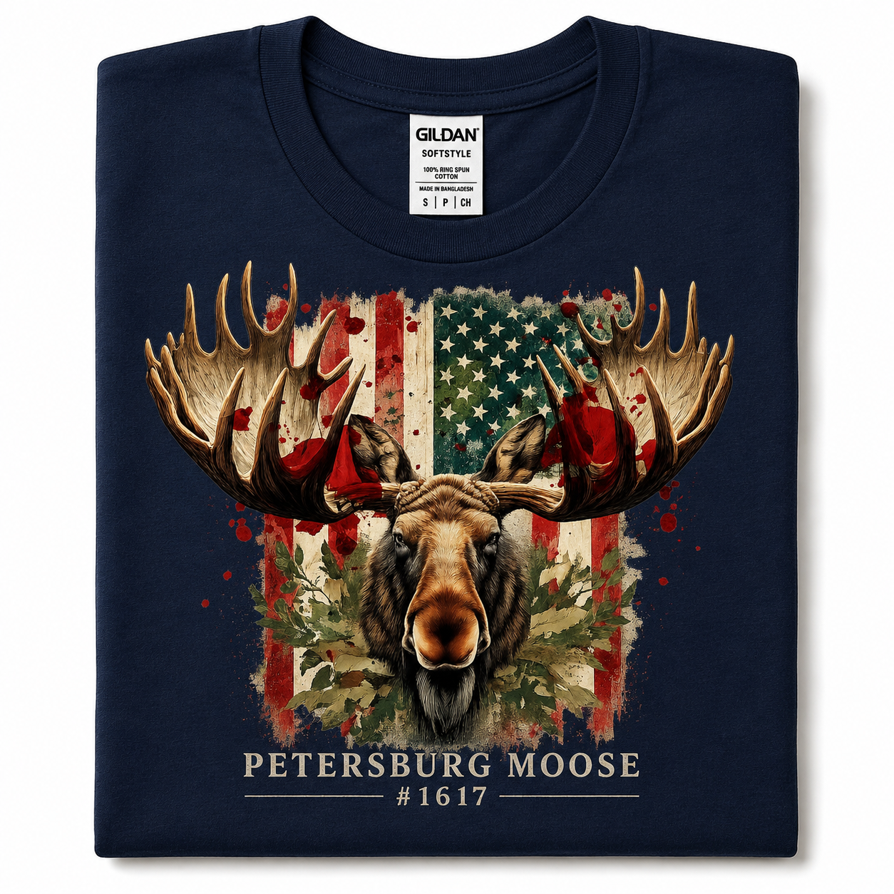 Petersburg Moose #1617 Patriotic Graphic T-Shirt | Distressed American Flag Moose Tee