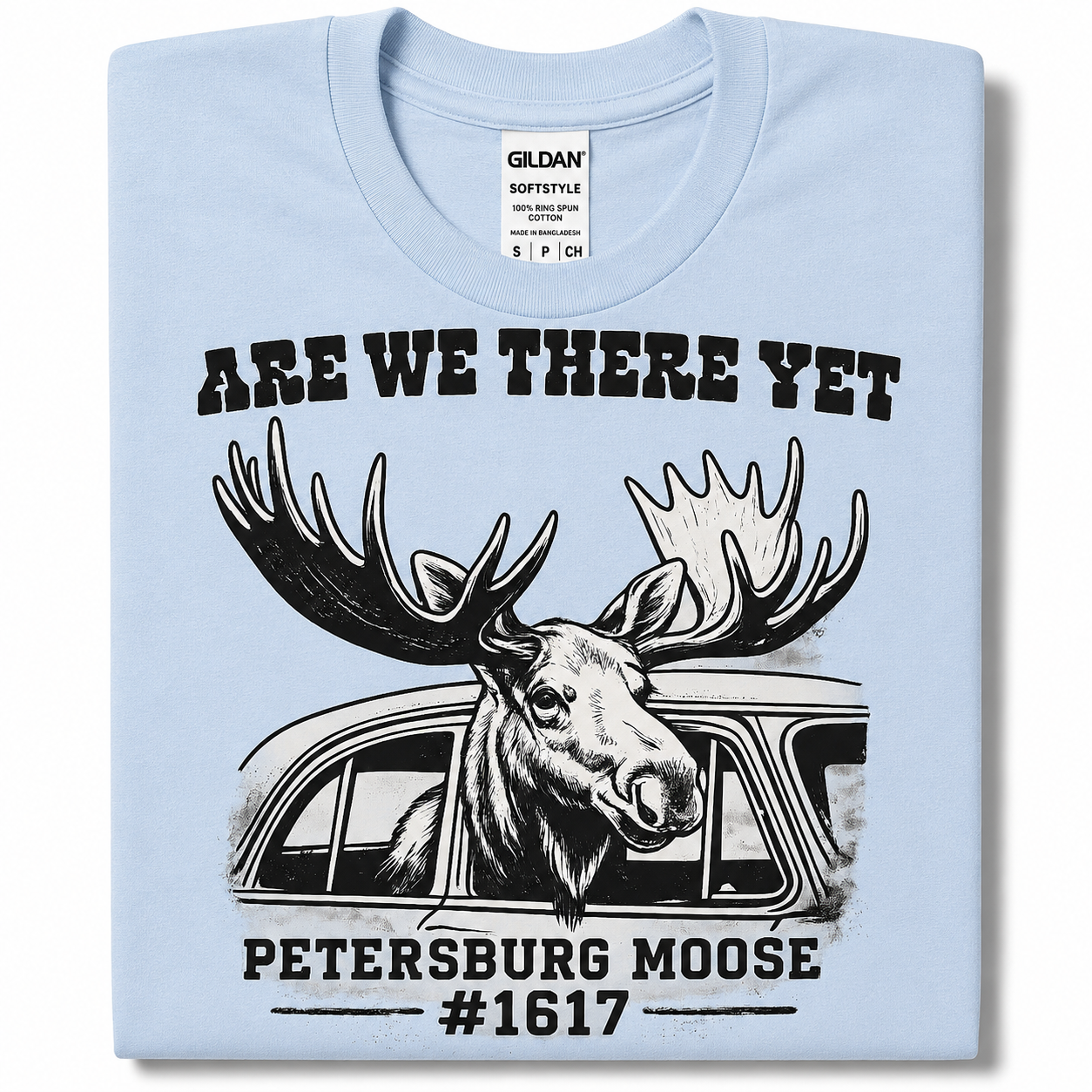Petersburg Moose #1617 “Are We There Yet?” Graphic T-Shirt | Moose Car Window Tee