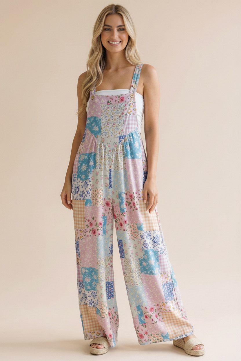 Floral Patchwork Wide Leg Overalls | Boho Sleeveless Bib Jumpsuit with Pockets