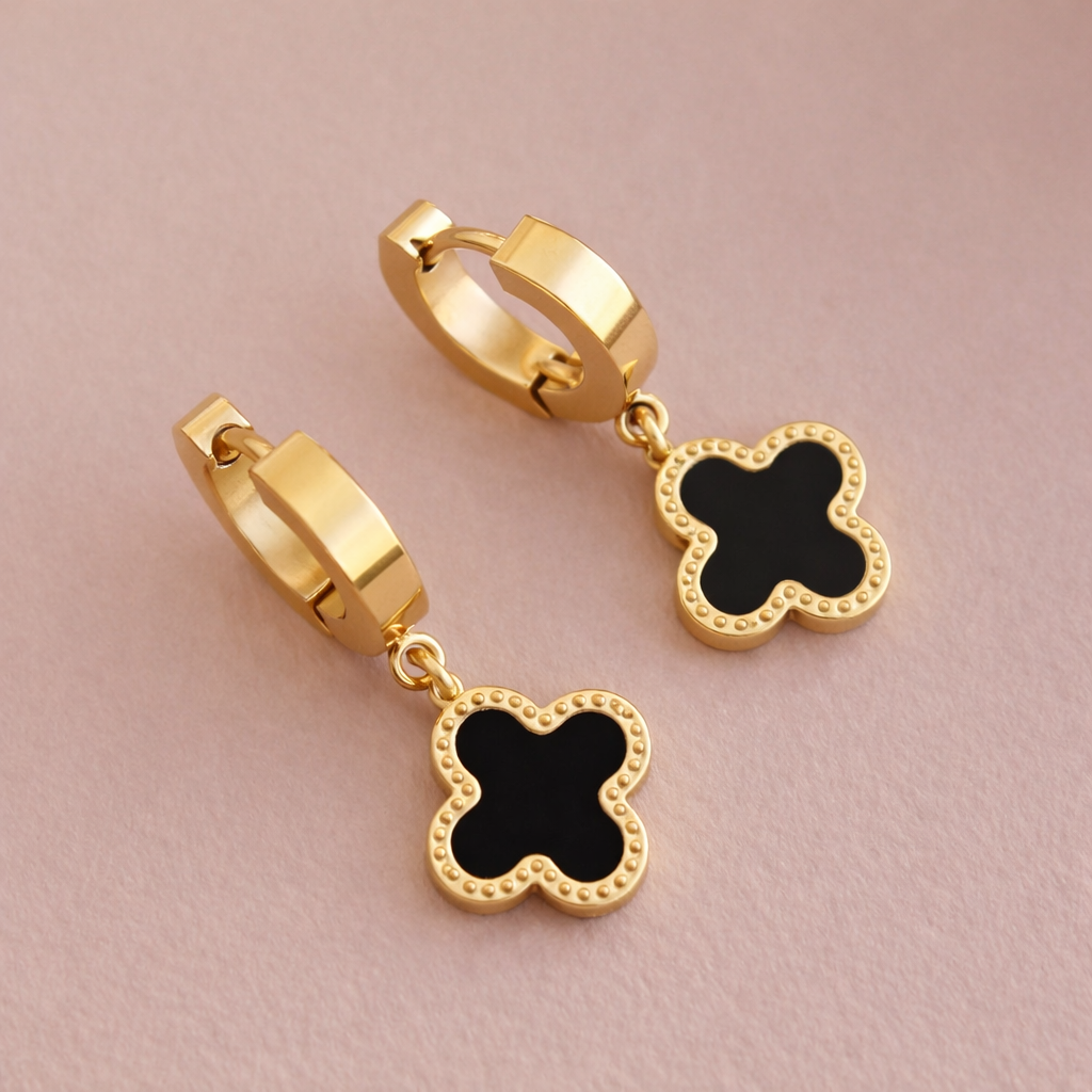 Gold Clover Hoop Earrings – Black or White Enamel Lucky Charm Jewelry