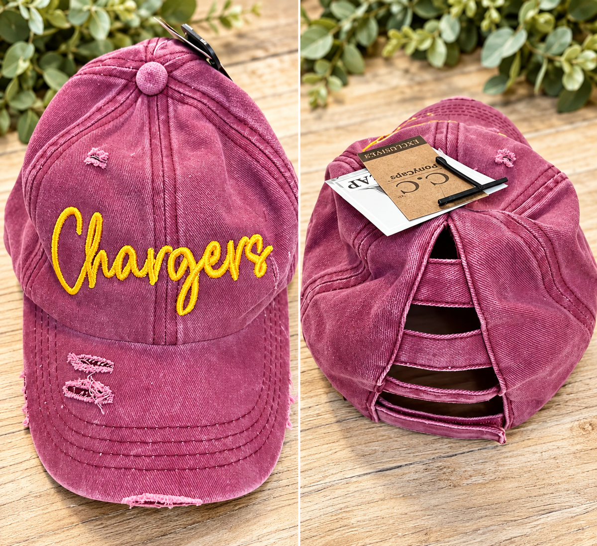 C.C. Chargers Script Distressed Ponytail Hat | Maroon & Gold